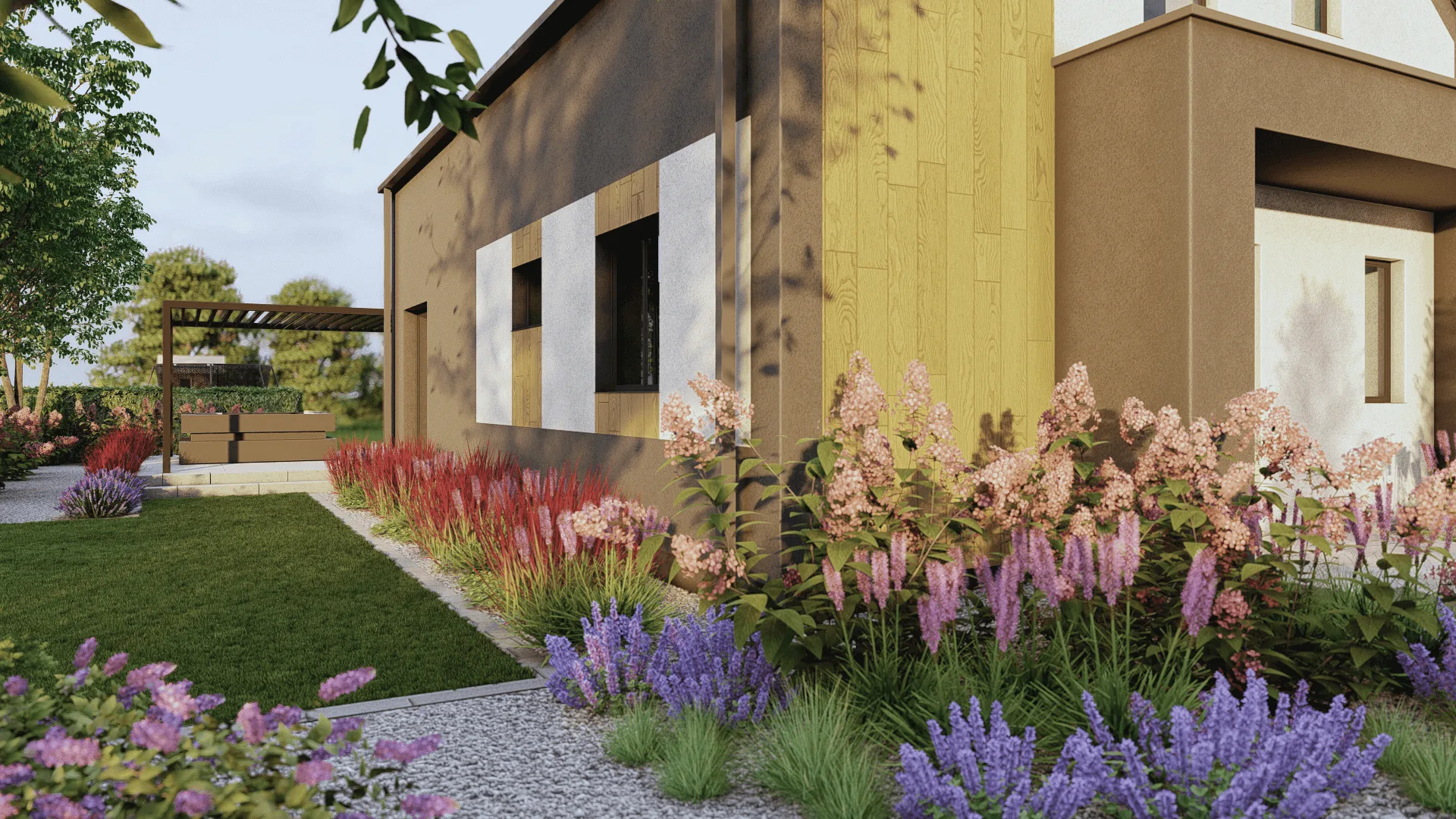 Projekt ogrodu nowoczesnego przed domem, pergola, trawnik i kwitnące nasadzenia, FINESIS garden