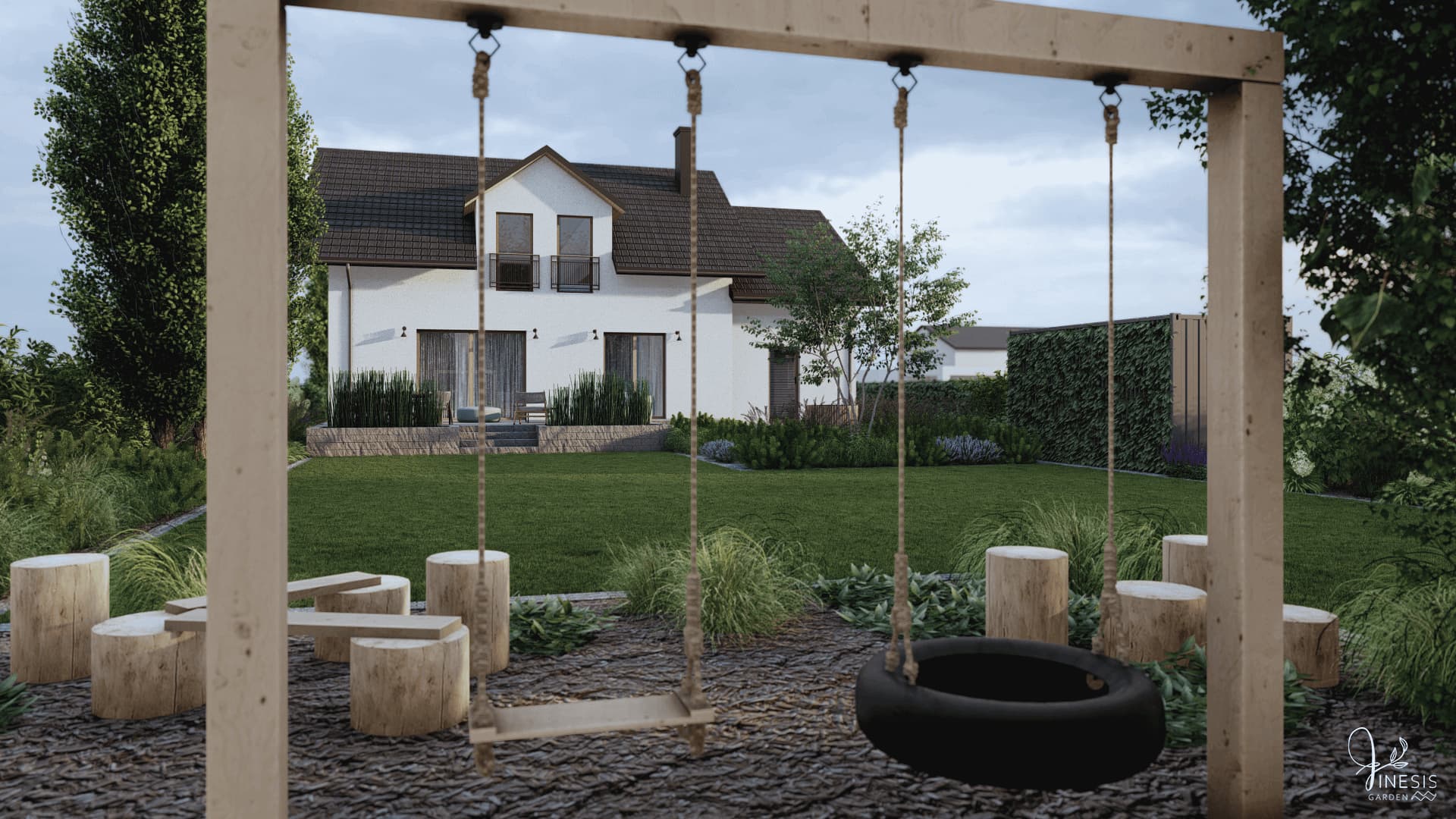 Projekt ogrodu codziennego - ogród dla dzieci z huśtawką i naturalną strefą zabaw