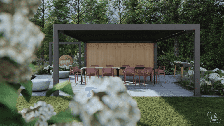 Zadaszona pergola w ogrodzie z miejscem na stół i strefą do grillowania.
