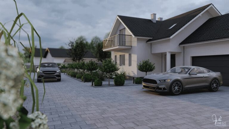 Klasyczny projekt ogrodu - strefa frontowa domu z podjazdem z kostki brukowej i uporządkowanymi nasadzeniami