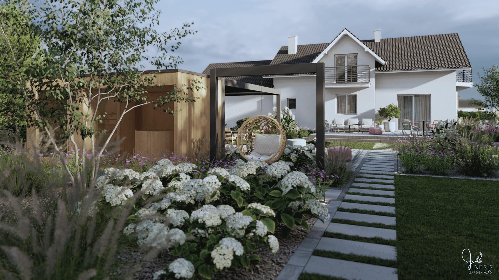 przytulny zakątek ogrodu z pergolą, wiszącym fotelem, hortensjami oraz ścieżką z płyt betonowych co krok w trawniku prowadzącą w stronę tarasu