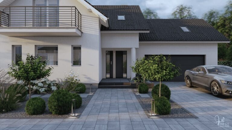 Projekt ogrodu klasycznego - wejście do domu z symetrycznymi nasadzeniami, oświetleniem ogrodowym i nawierzchnią z kostki