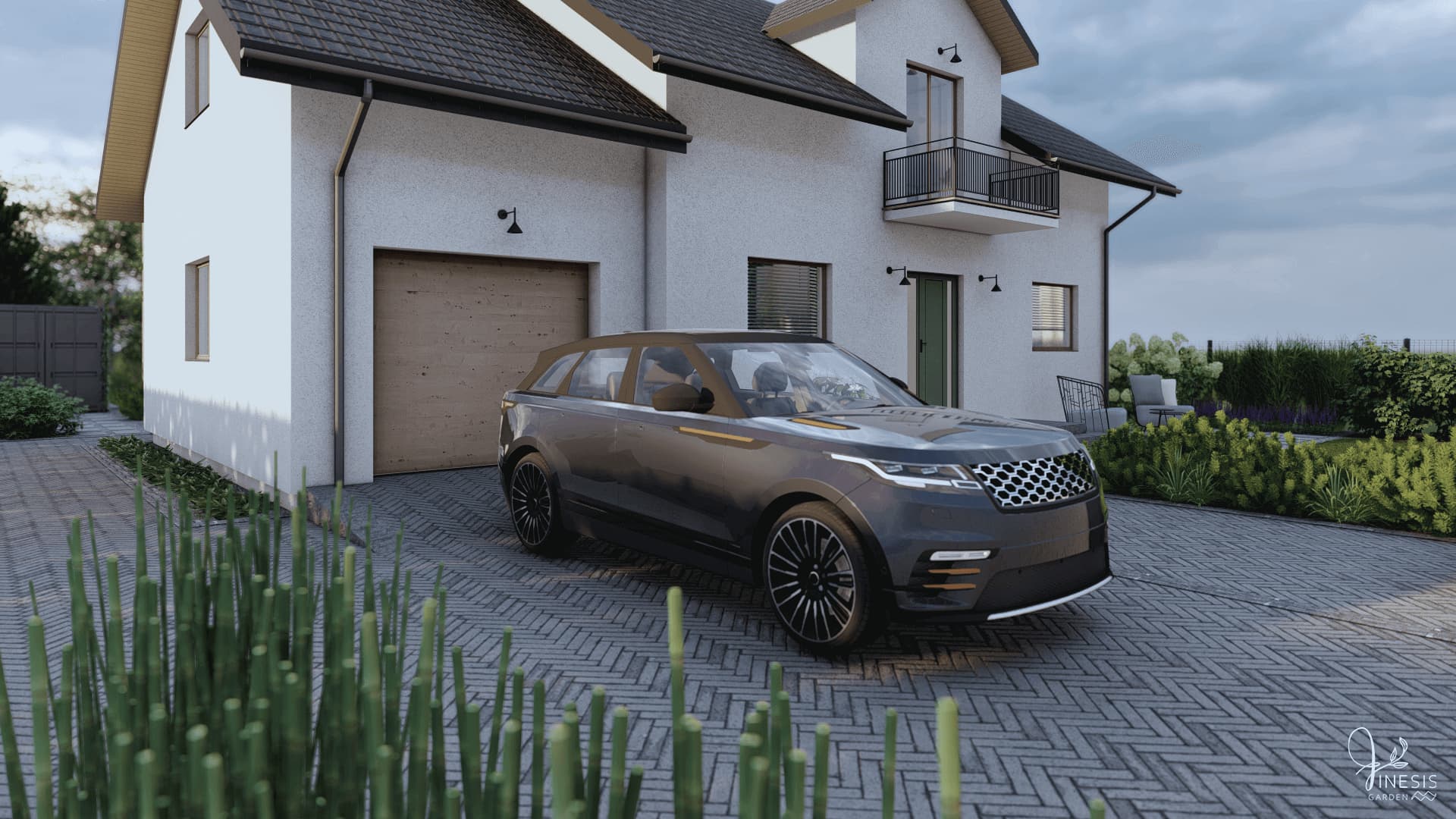 Projekt ogrodu codziennego - podjazd z kostki brukowej przy garażu i nowoczesna zieleń przy elewacji domu