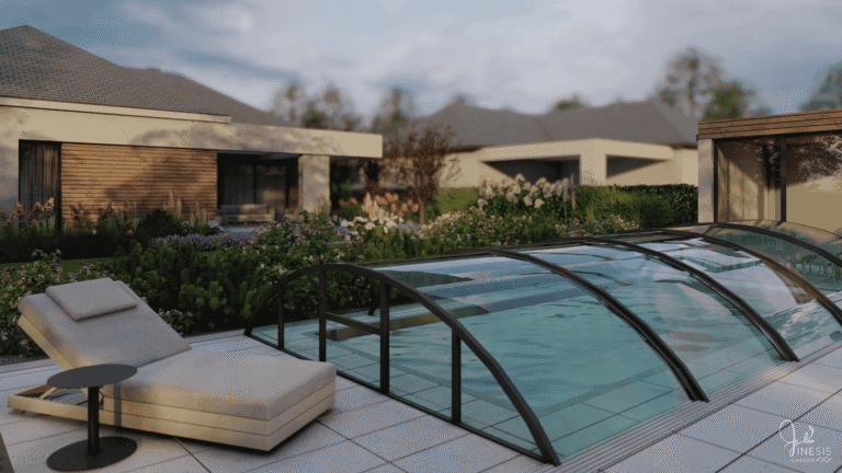 Ogród rodzinny z basenem i przeszklonym zadaszeniem