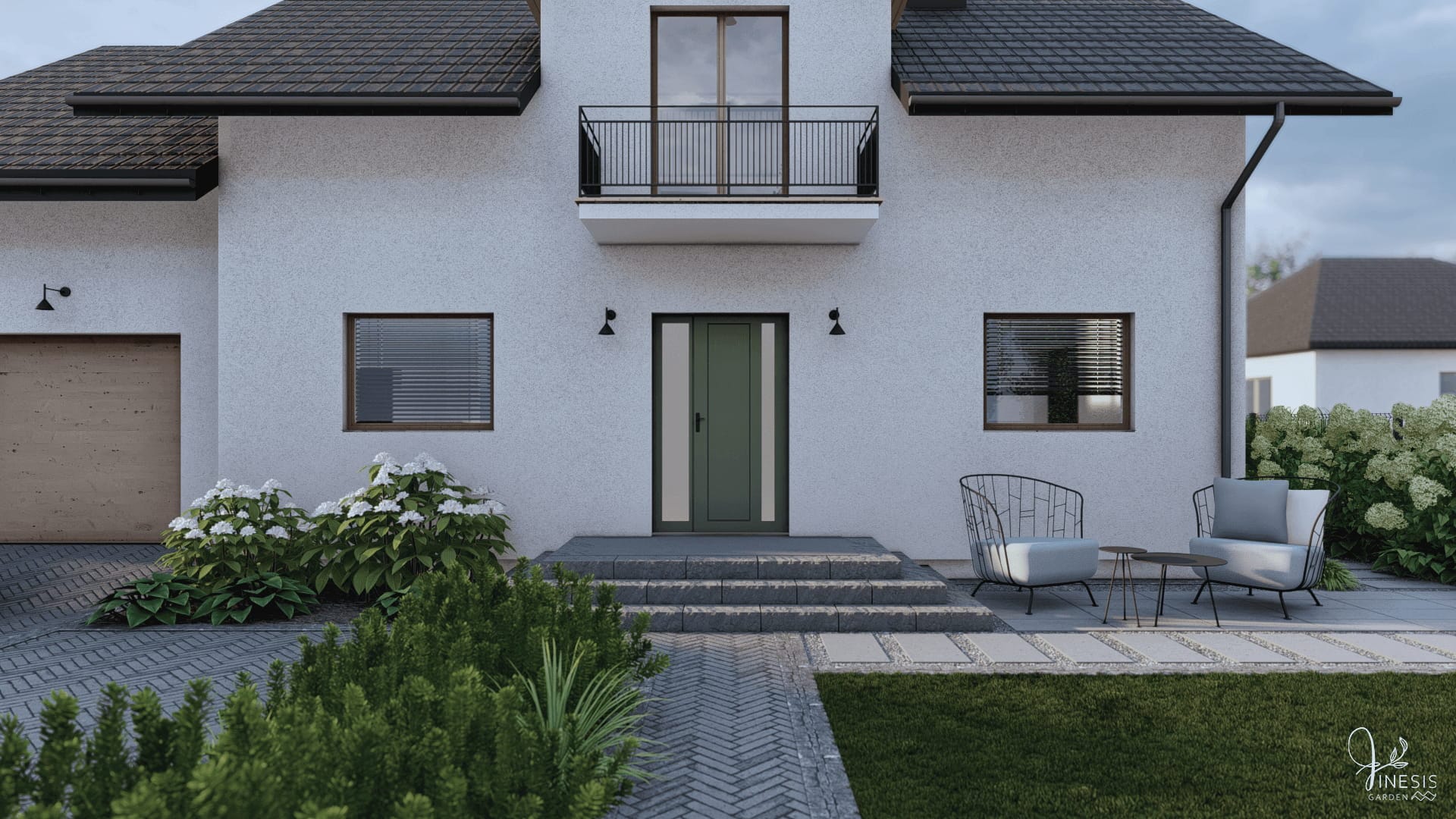 minimalistyczna przestrzeń przed domem z geometrycznym chodnikiem, niskimi krzewami i elegancką strefą wejścia do budynku