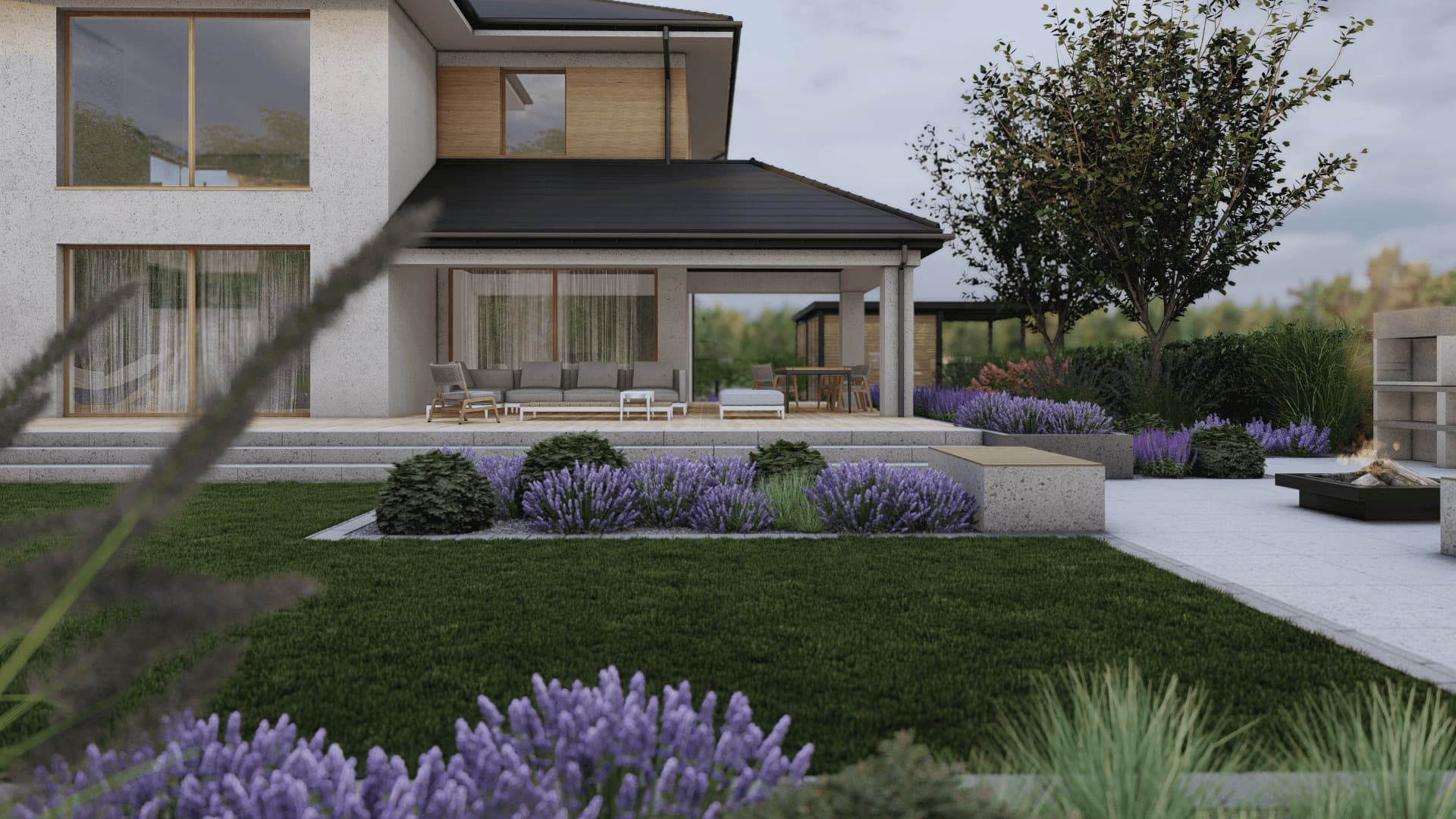 nowoczesny ogród przy domu z trawnikiem, rabatą lawendy, tarasem wypoczynkowym oraz miejscem na ognisko i grill