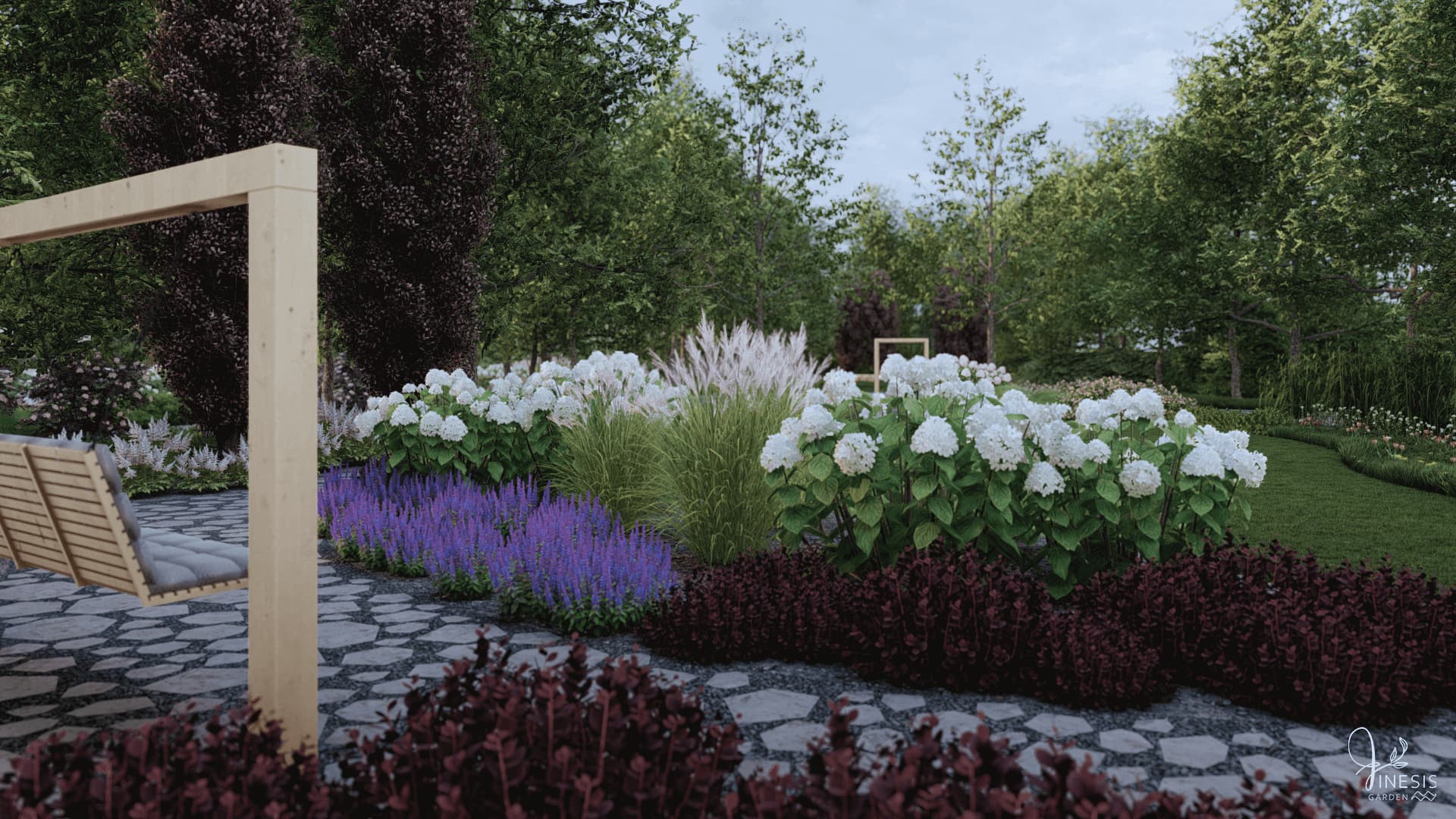 projekt ogrodu w stylu leśnym - huśtawka otoczona hortensjami i szałwią do której prowadzi ścieżka z kamienia łamanego.