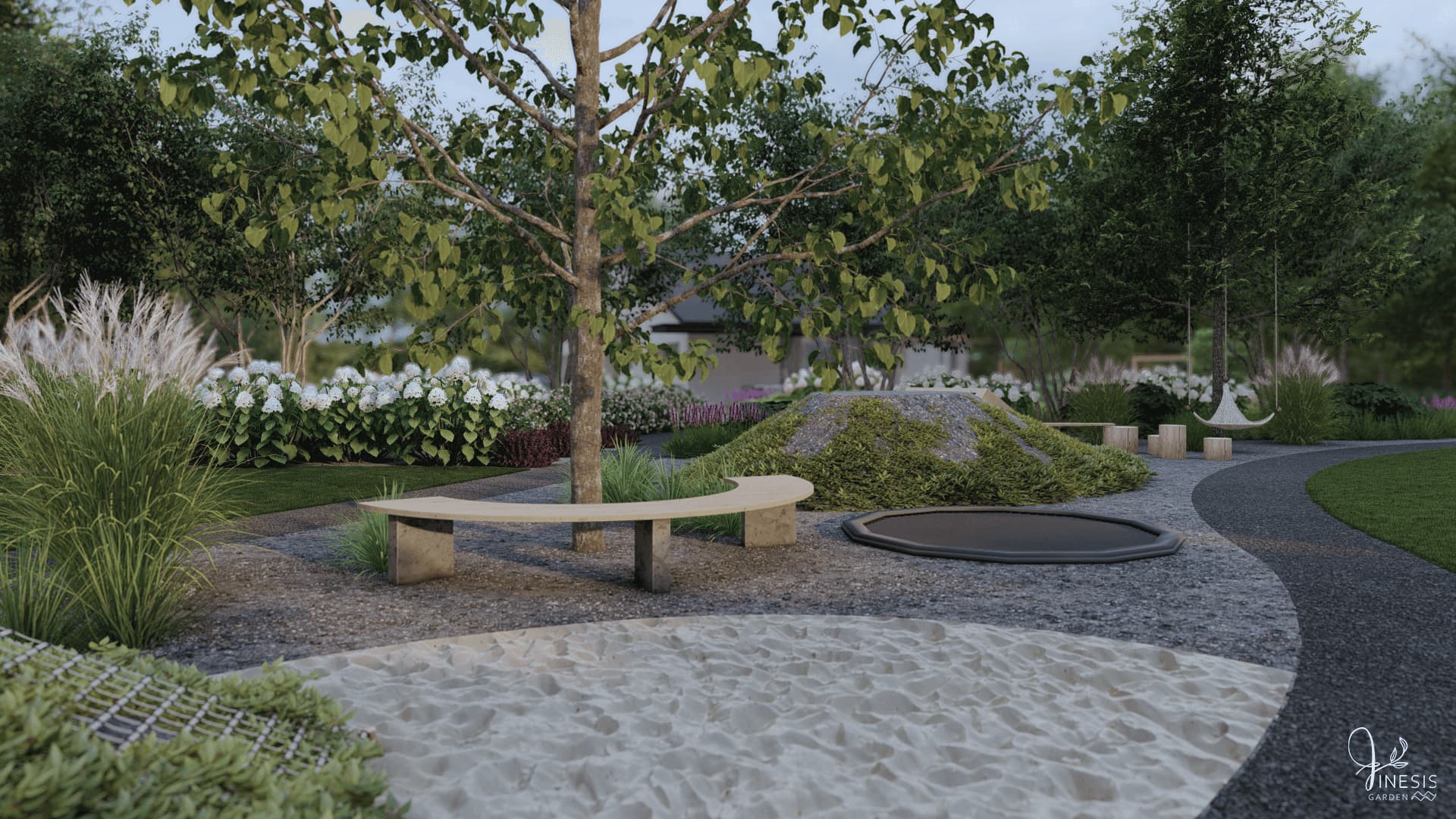 projekt ogrodu - plac zabaw w ogrodzie z naturalnych materiałów, dużą piaskownicą w ziemi oraz trampoliną