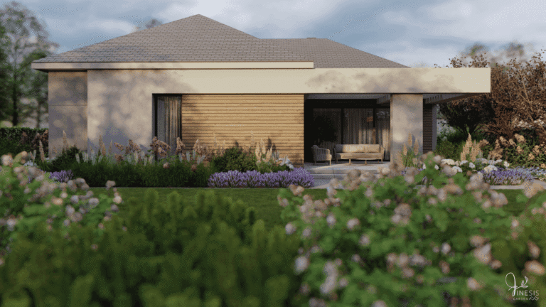 Projekt ogrodu z rabatą bylinową przy tarasie