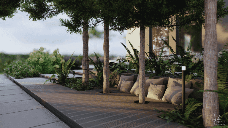 Drewniany podest tarasowy wśród drzew - miejsce wypoczynku pod drzewami.