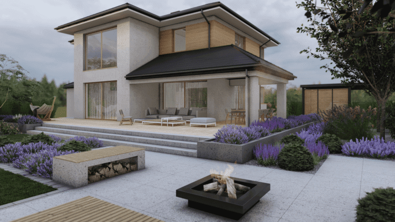 Nowoczesny ogród z paleniskiem i rabatami bylinowymi