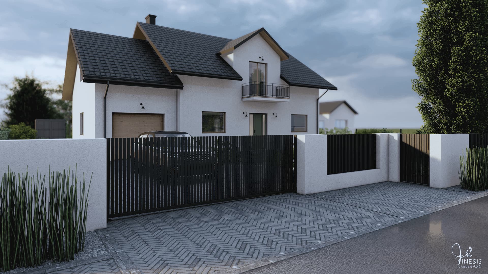 Projekt ogrodu codziennego w Chodczu – podjazd frontowy z kostki brukowej i nowoczesne ogrodzenie