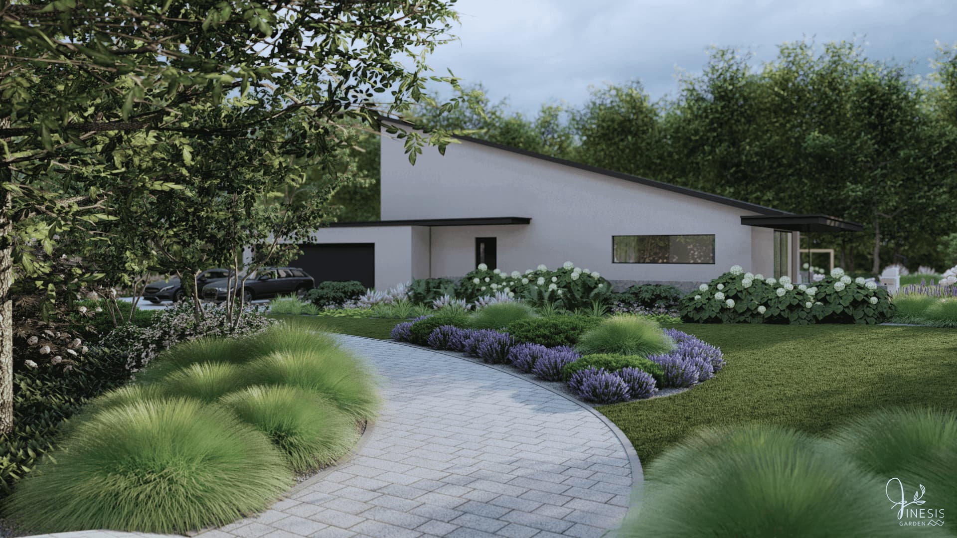 Projekt ogrodu w lesie Włocławek - trawy przy podjeździe z kostki brukowej i nowoczesna bryła budynku.