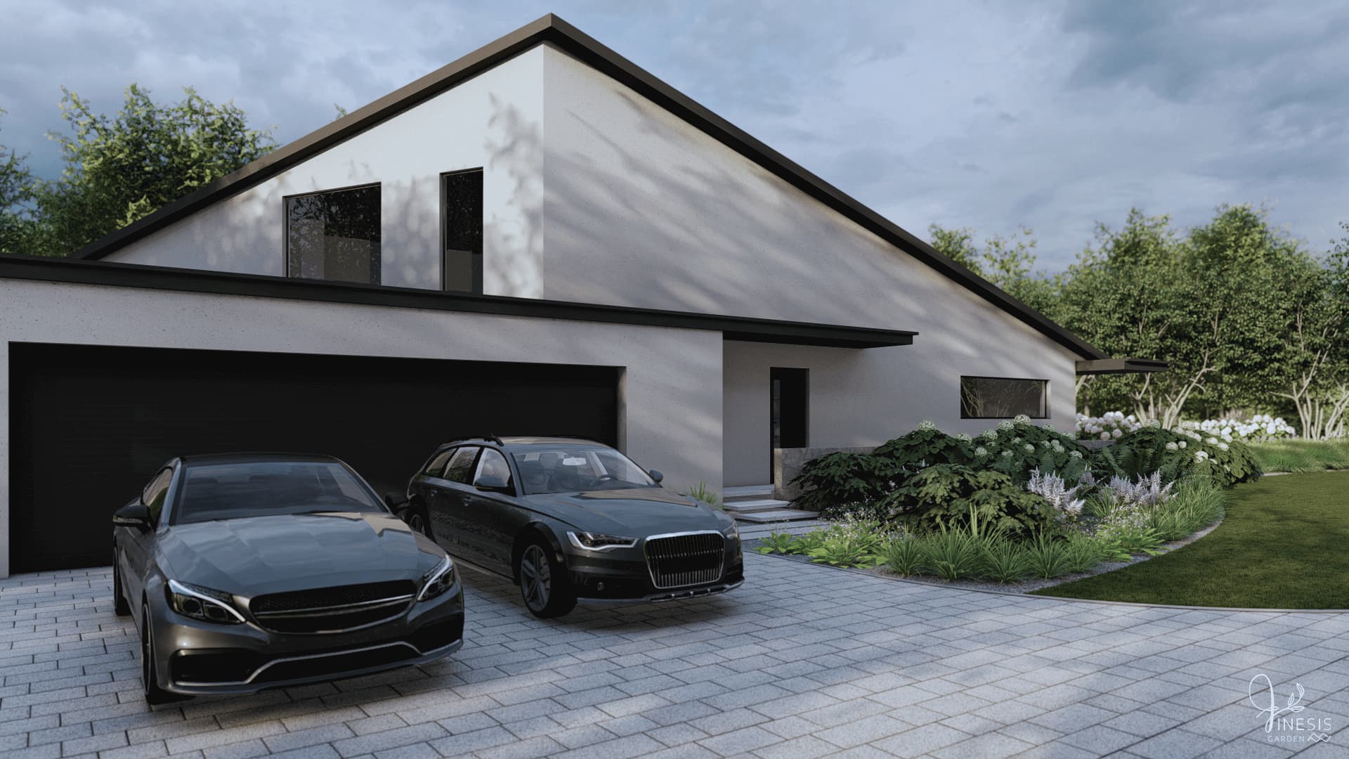 projekt ogrodu kujawsko-pomorskie - duży podjazd z kostki i wejście do domu z płyt lewitujących podświetlonych taśmą LED