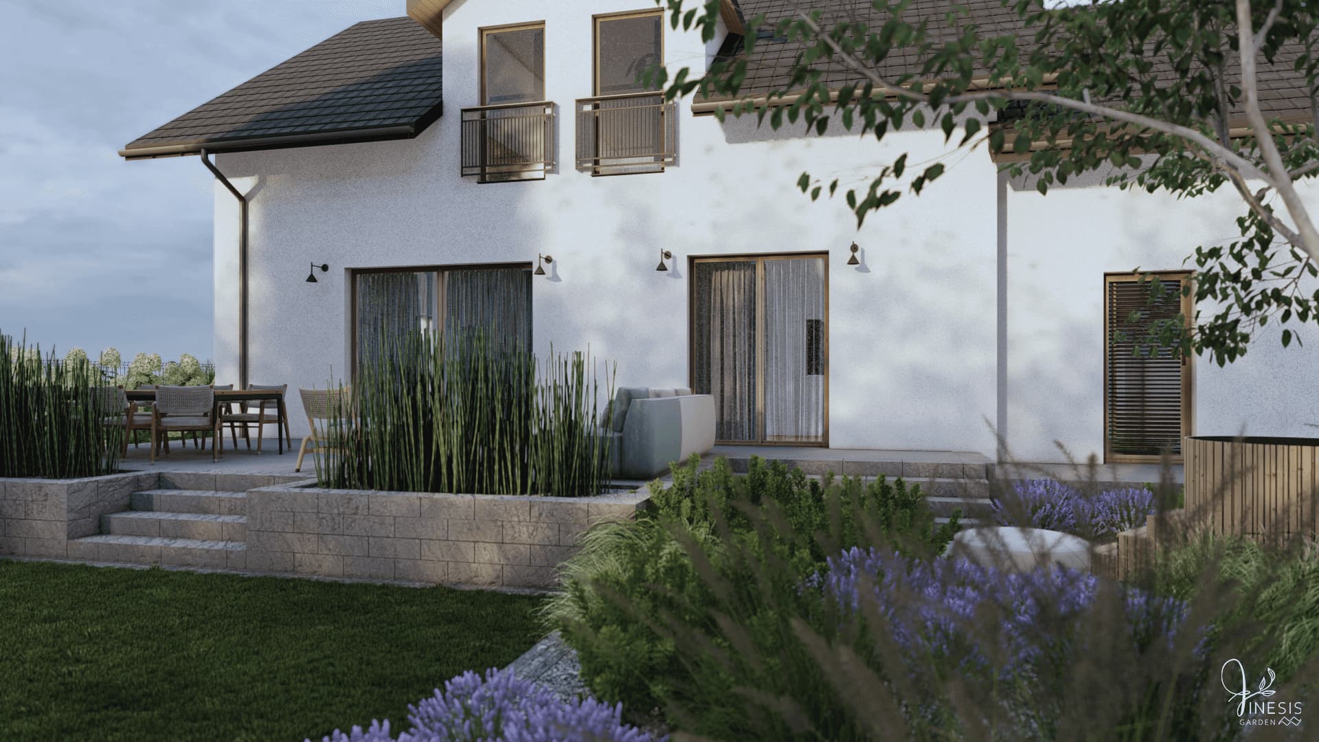 Projekt ogrodu codziennego w Chodczu – rabata przy tarasie z lawendą, kosodrzewiną i trawami ozdobnymi