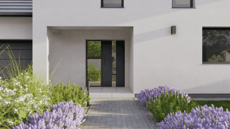 Minimalistyczne wejście do domu z rabatą kwitnącą.