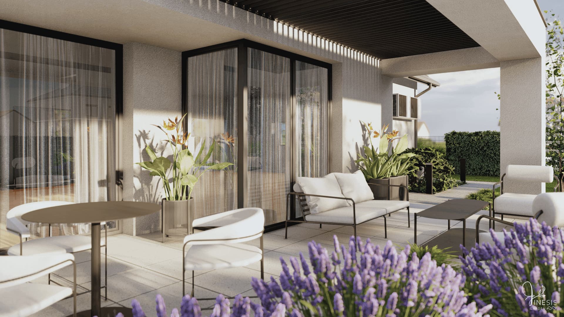 projekt ogrodu Wrocław strefa relaksu na tarasie pod zadaszeniem z sofą, fotelami, lawendą i roślinami w donicach przy nowoczesnym domu