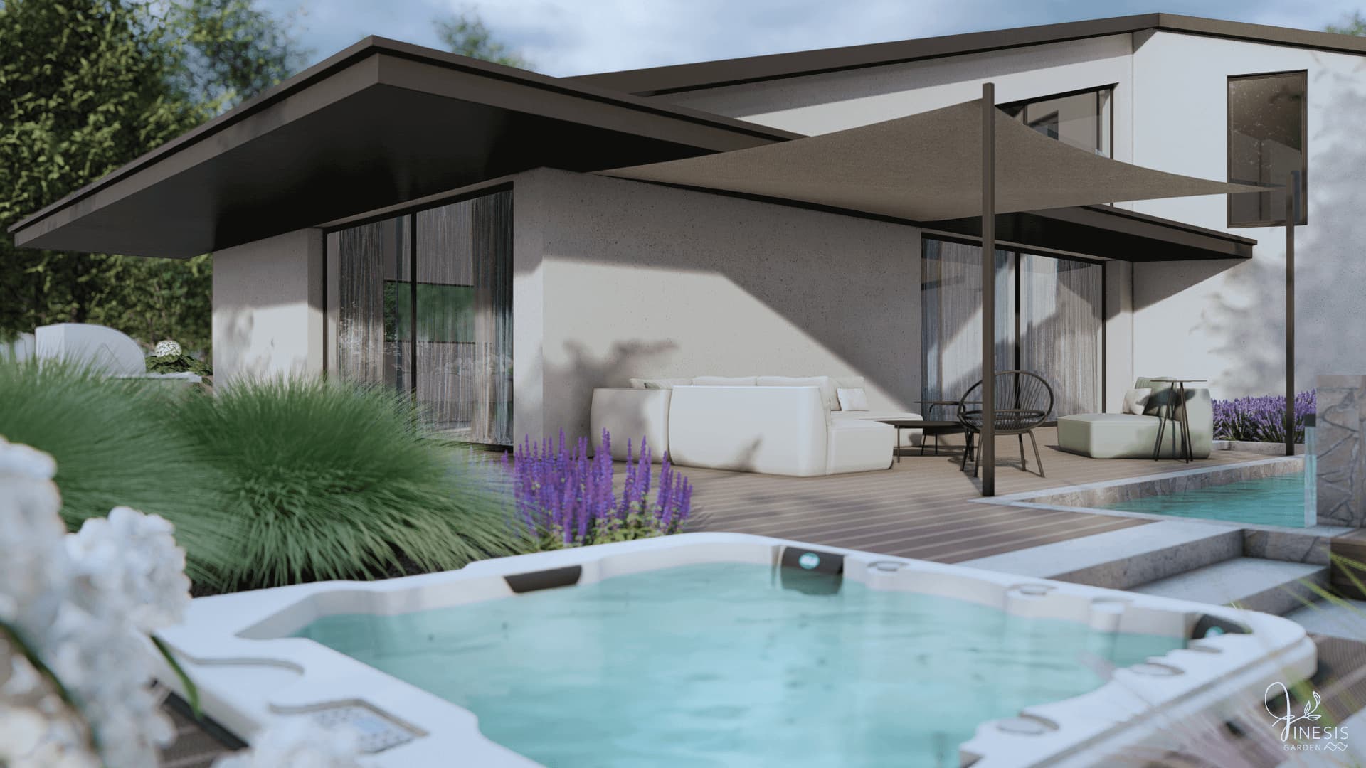 strefa spa w ogrodzie - miejsce relaksu na tarasie, na którym znajduje się jacuzzi, prysznic ogrodowy, basen i drewniane leżaki