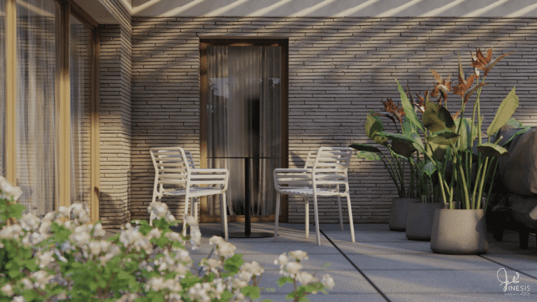 Nowoczesny taras przy domu z drewnianą elewacją z płyt wielkoformatowych.