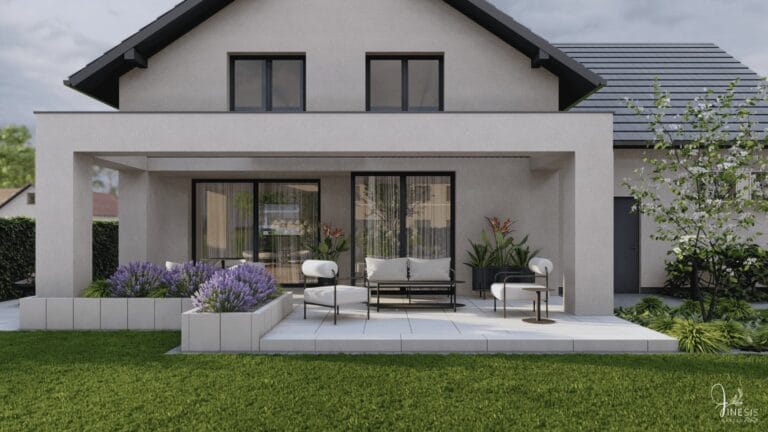 Projekt ogrodu nowoczesnego Wrocław - taras wypoczynkowy z meblami ogrodowymi i rabatą lawendową w donicach przy tarasie