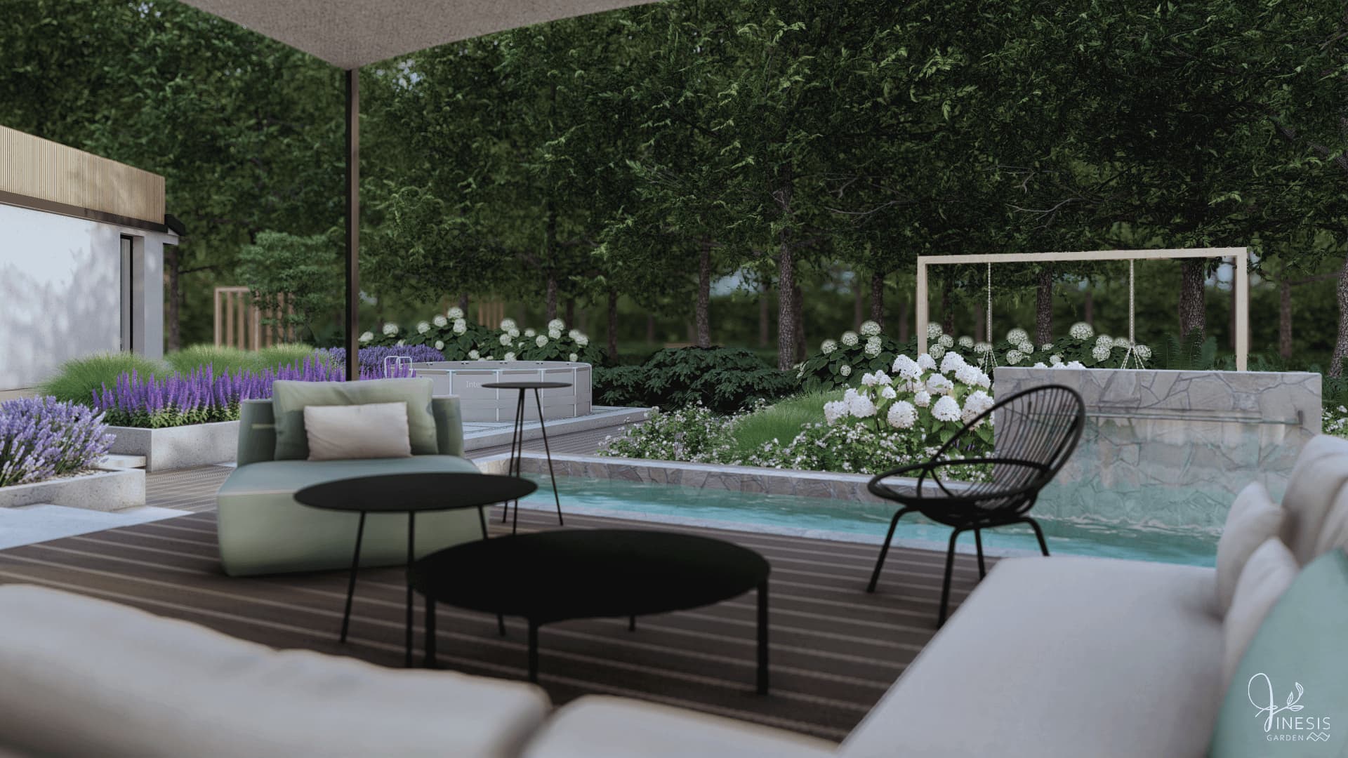 projekt ogrodu zadaszenie żagiel - widok z tarasu na las