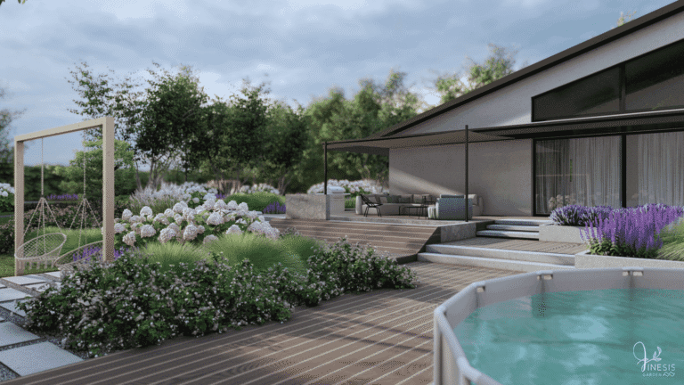 Taras z basenem w nowoczesnym ogrodzie przy domu jednorodzinnym.