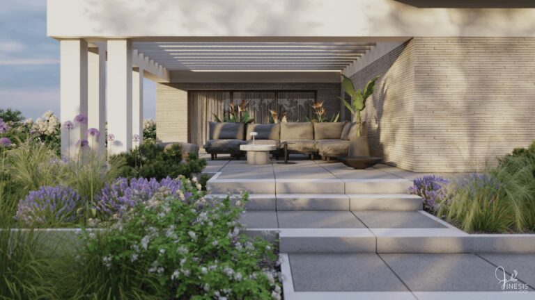 projekt ogrodu nowoczesnego - taras z zadaszeniem, meblami wypoczynkowymi i rabatą z trawami oraz lawendą