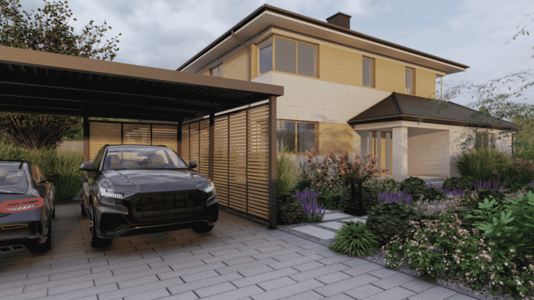 Projekt ogrodu Wrocław - wiata samochodowa przy domu jednorodzinnym.