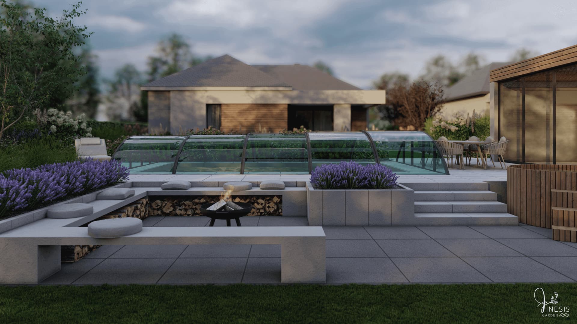 Projekt ogrodu Wrocław - minimalistyczna przestrzeń wypoczynkowa z paleniskiem, betonowymi ławami i rabatami lawendowymi przy zadaszonym basenie w ogrodzie jednorodzinnym