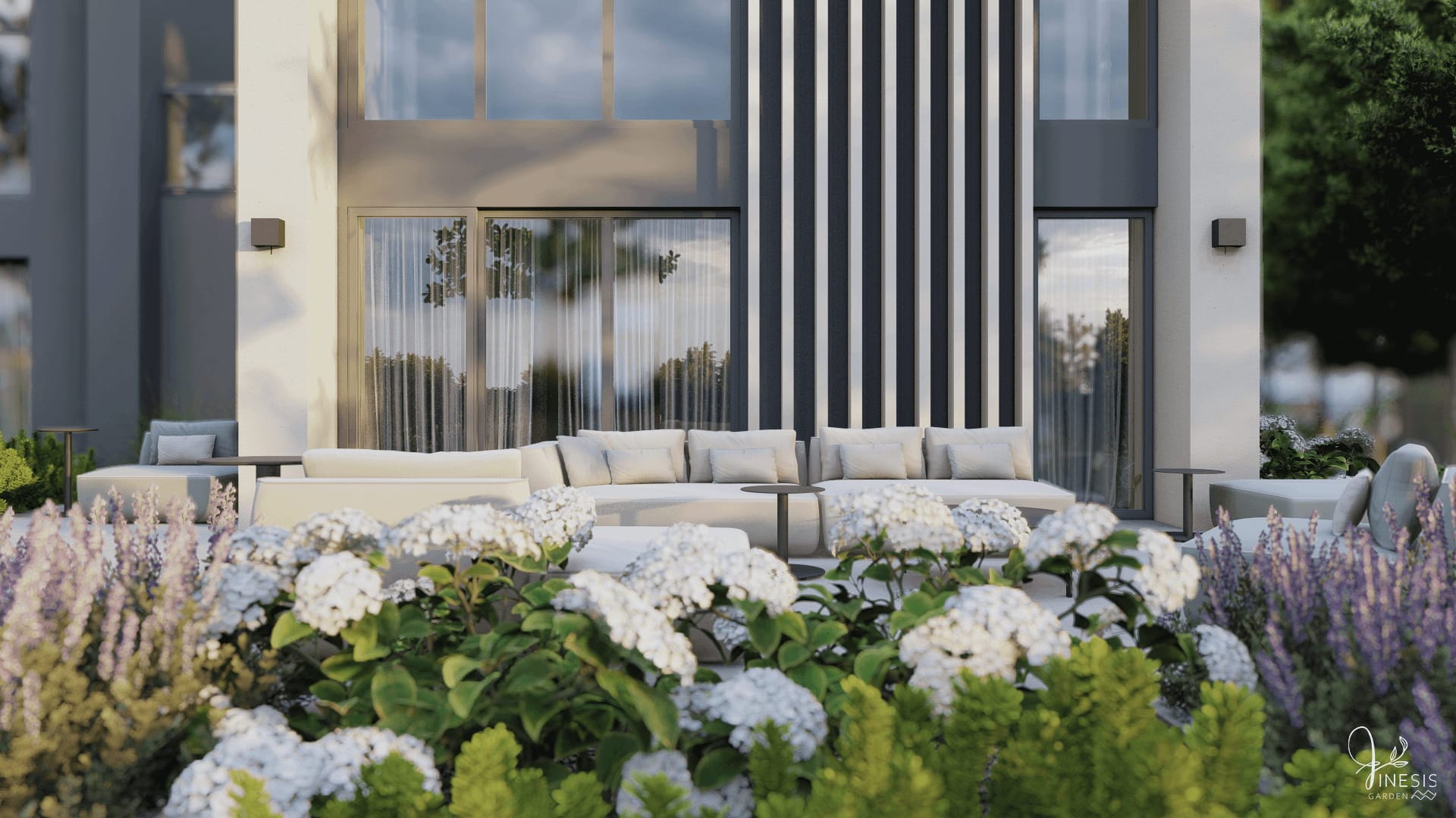 projekt ogrodu nowoczesnego - rabata z hortensjami przy tarasie i strefa wypoczynkowa przy elewacji domu