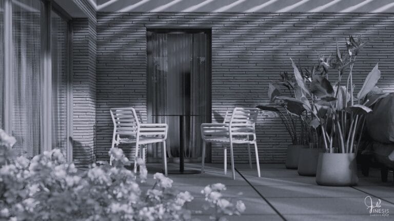 Projekt tarasu przy domu - strefa wypoczynkowa z płyt betonowych i minimalistycznymi meblami ogrodowymi