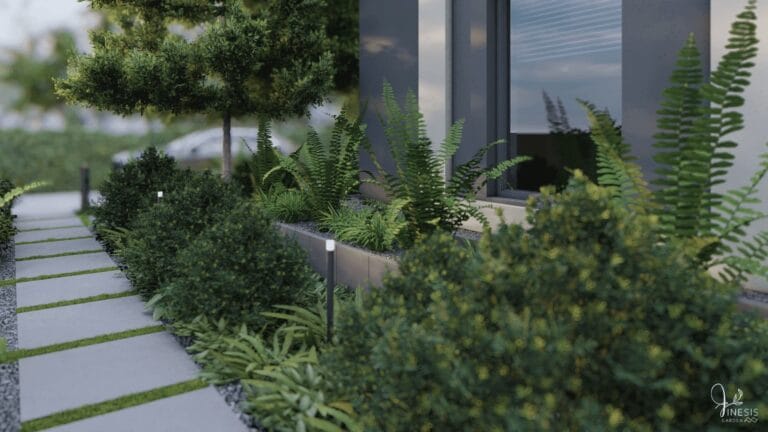 Projekt ogrodu - rabata cienista przy domu z paprociami, funkiami i niskimi nasadzeniami ozdobnymi