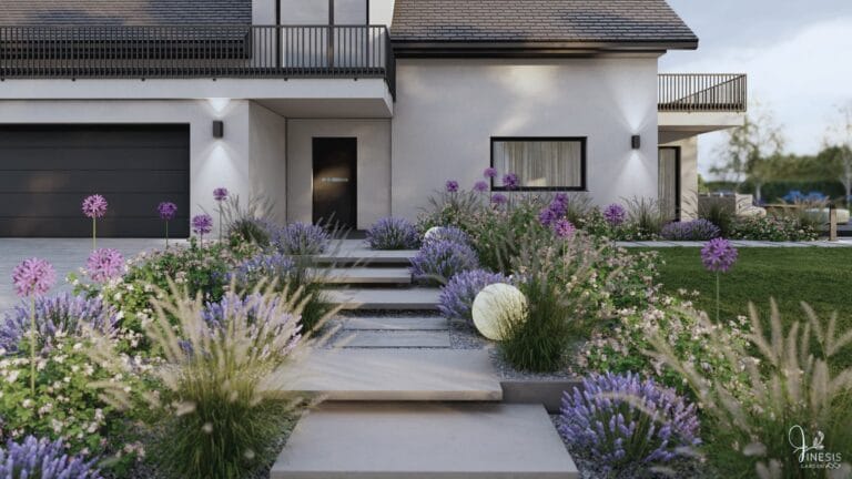 Projekt ogrodu Wrocław - rabata frontowa z lawendą, stopniami lewitującymi, taśmami LED i lampami kule