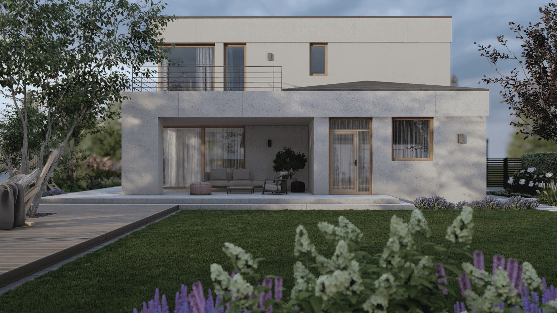 projekt ogrodu nowoczesnego - przestronny trawnik z tarasem wypoczynkowym przy minimalistycznej architekturze domu