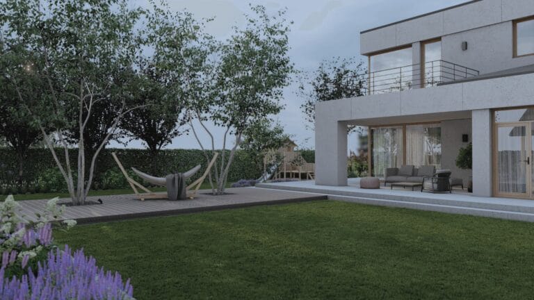 projekt ogrodu nowoczesnego - strefa relaksu z drewnianym podestem i hamakiem przy nowoczesnym domu