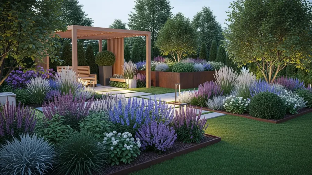 Mała architektura ogrodowa w nowoczesnym ogrodzie: pergola, murek z kortenu, donice i oświetlenie ścieżki, ilustracja AI
