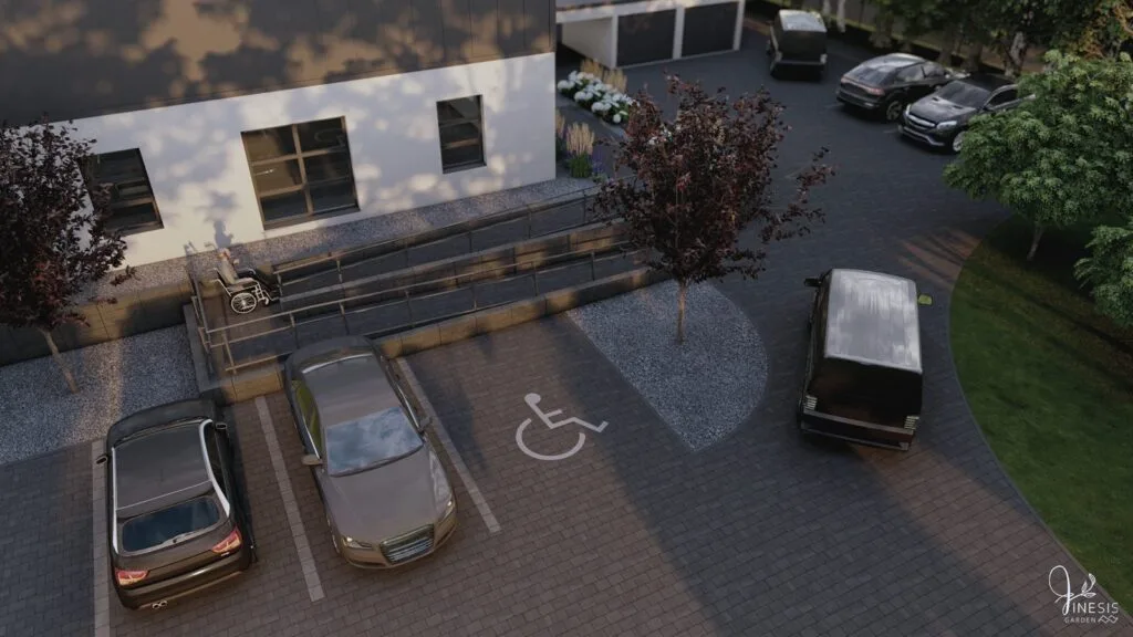 Projekt układu nawierzchni parkingu i miejsc postojowych z kostki brukowej, widok z góry