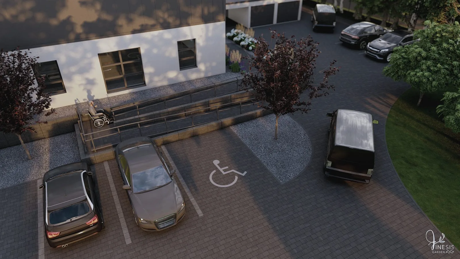 Projekt układu nawierzchni parkingu i miejsc postojowych z kostki brukowej, widok z góry
