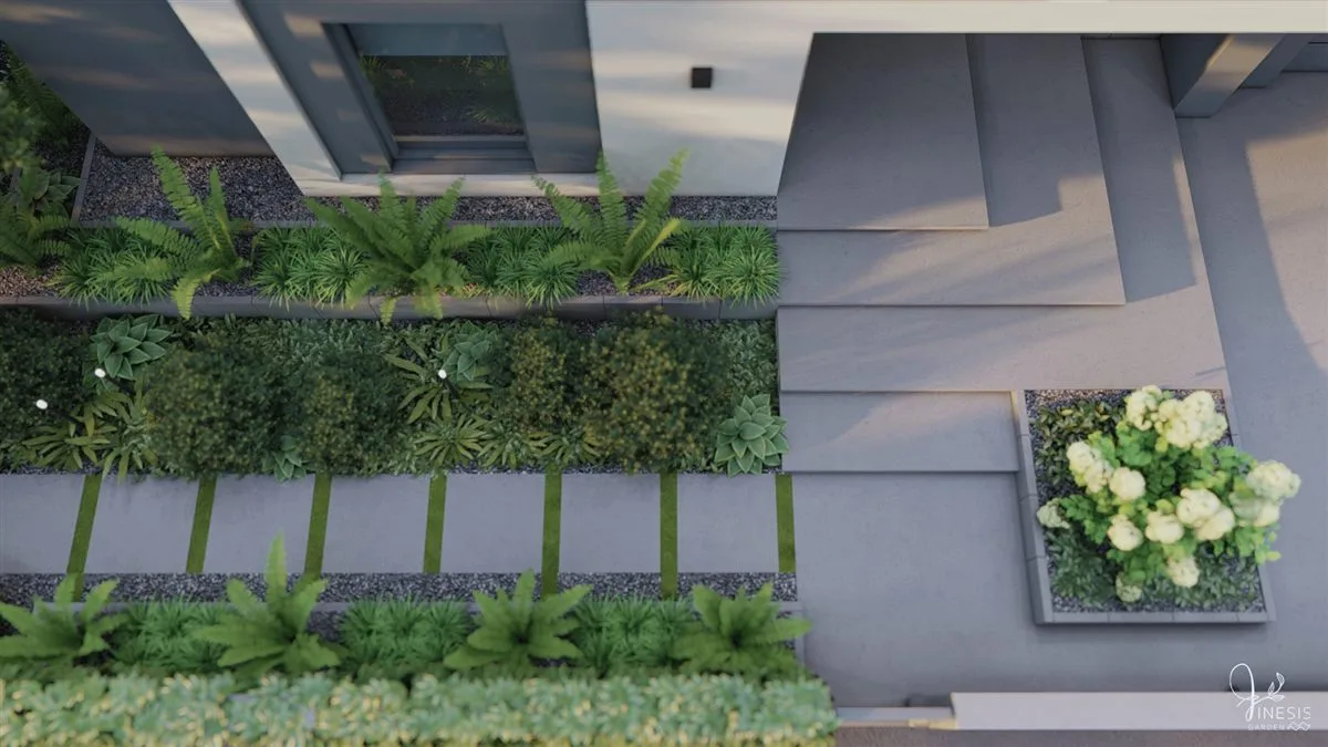 Ogród przydomowy z nasadzeniami i ścieżką, projekt FINESIS garden