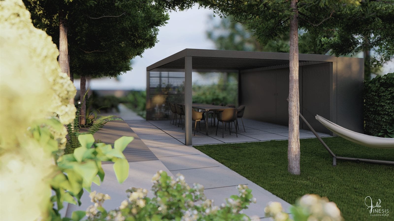 Designerski ogród Biestrzyków - zadaszona pergola z ruchomymi lamelami i strefą jadalnianą