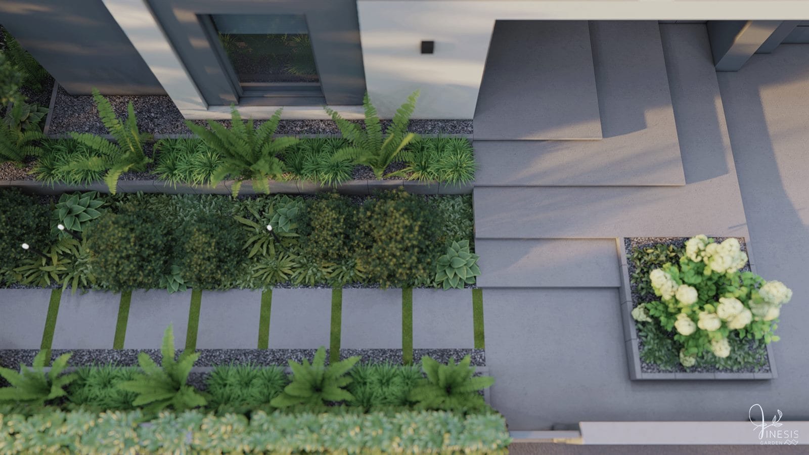 Projekt ogrodu designerskiego - geometryczne rabaty frontowe z trawami i bylinami, widok z góry, Biestrzyków