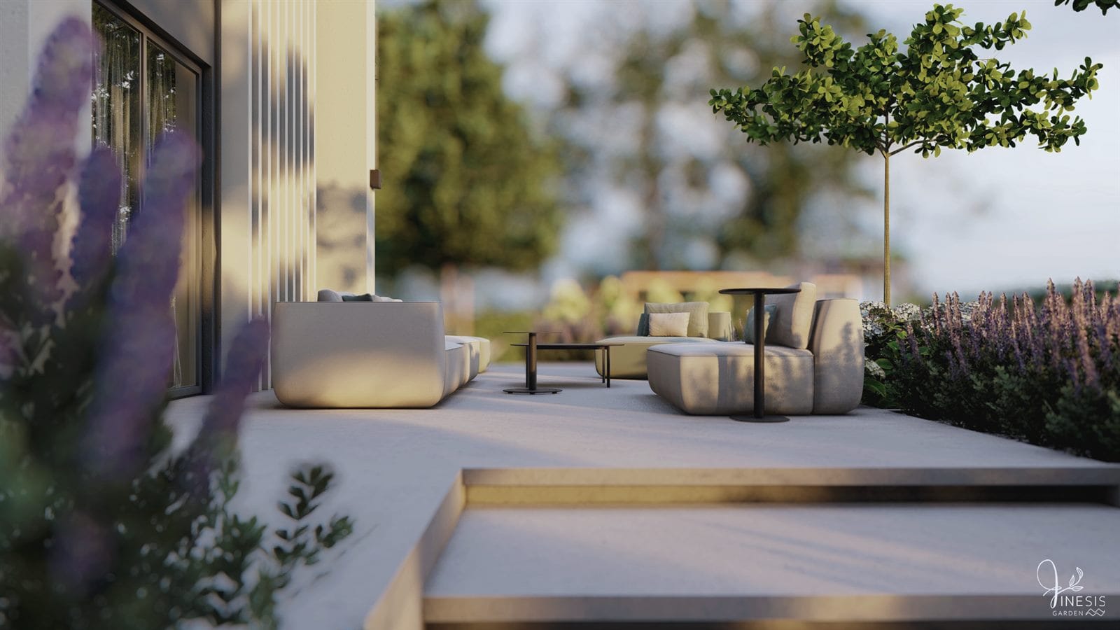 Projekt ogrodu designerskiego Biestrzyków - taras z betonu architektonicznego i podświetlane stopnie lewitujące