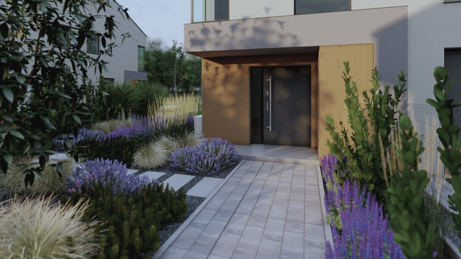 Strefa z trampoliną dla dzieci osłonięta roślinnością, projekt ogrodu rodzinnego w Racławicach Wielkich