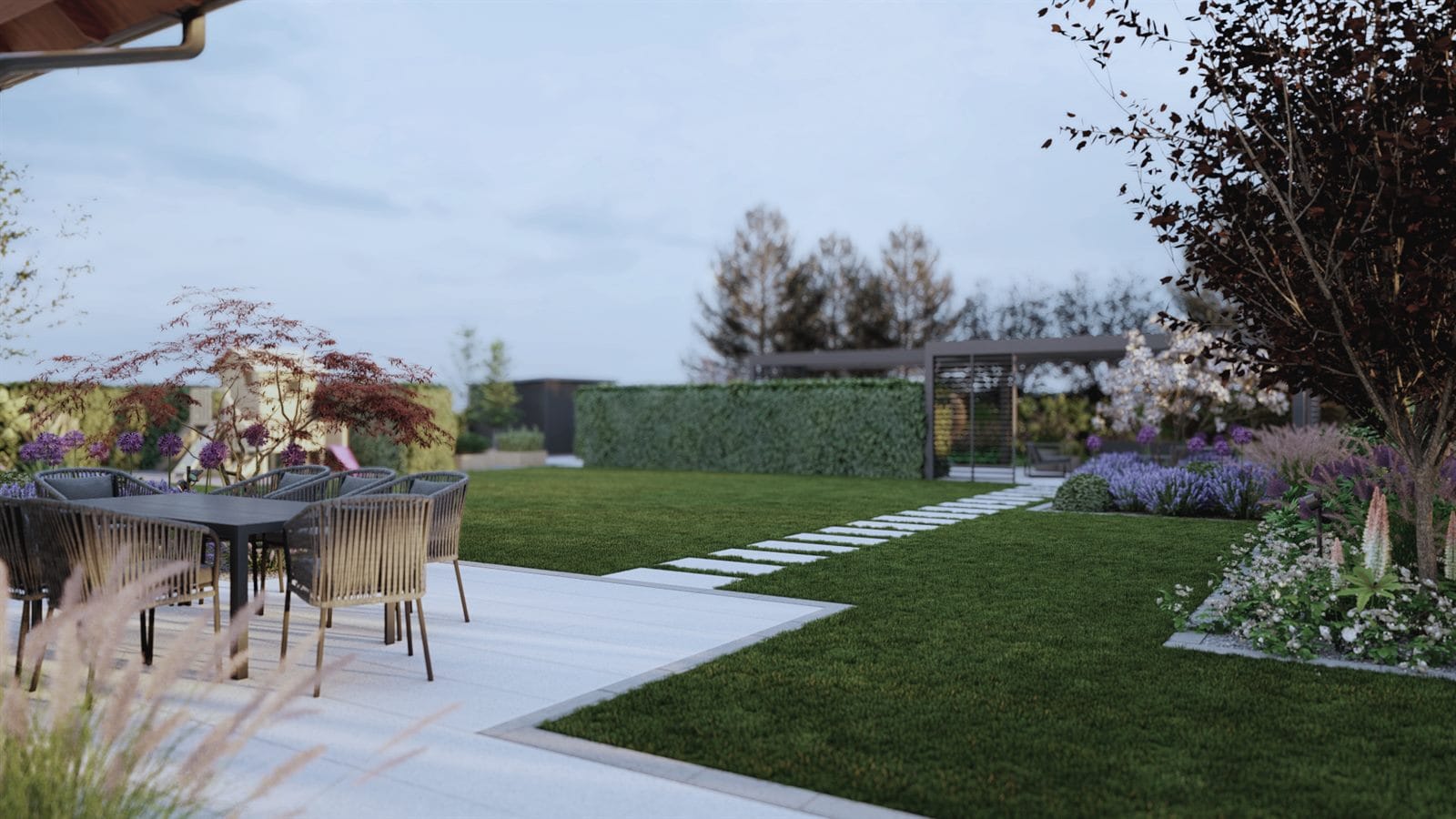 Projekt ogrodu z placem zabaw Oleśnica - strefa jadalniana, trawnik i wolnostojąca pergola