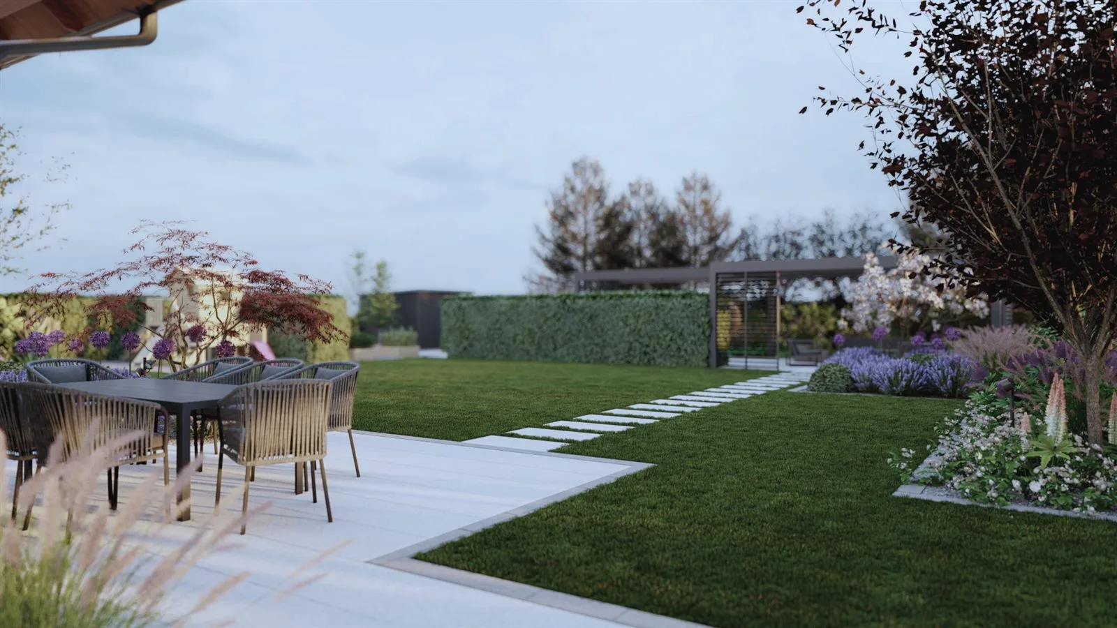 Projekt ogrodu z placem zabaw Oleśnica - strefa jadalniana, trawnik i wolnostojąca pergola