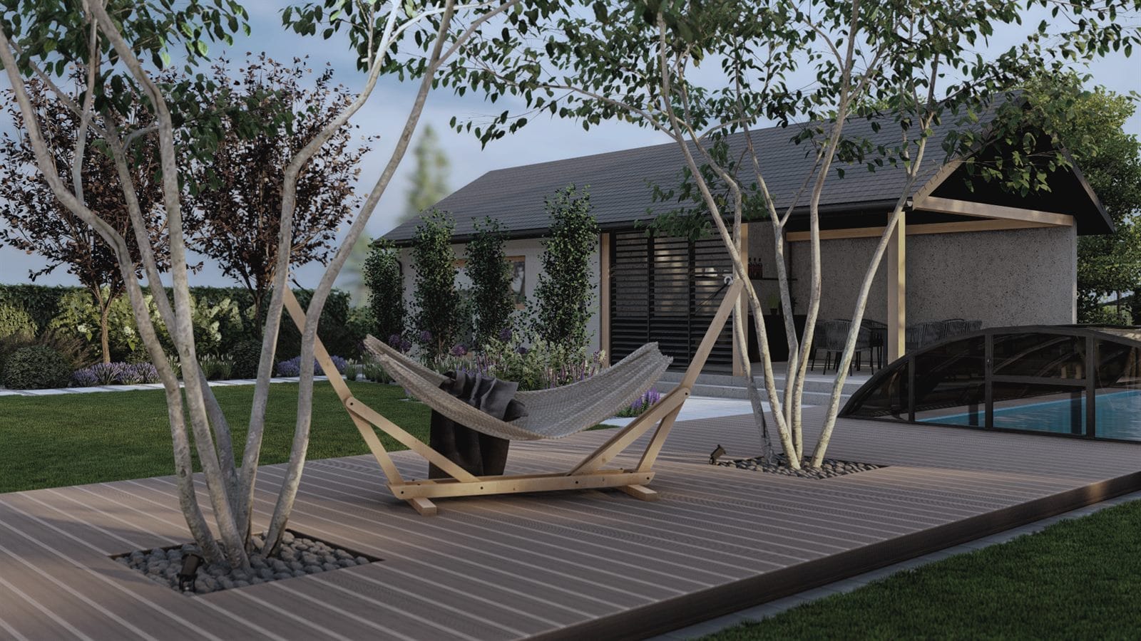 Ogród z drewnianym podestem i hamakiem pod brzozami, projekt FINESIS garden