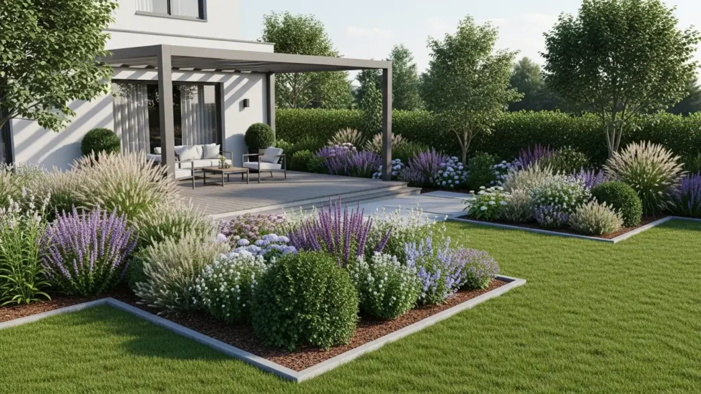 Projekt tarasu przy domu: taras z deski kompozytowej, pergola i połączenie z ogrodem, ilustracja AI