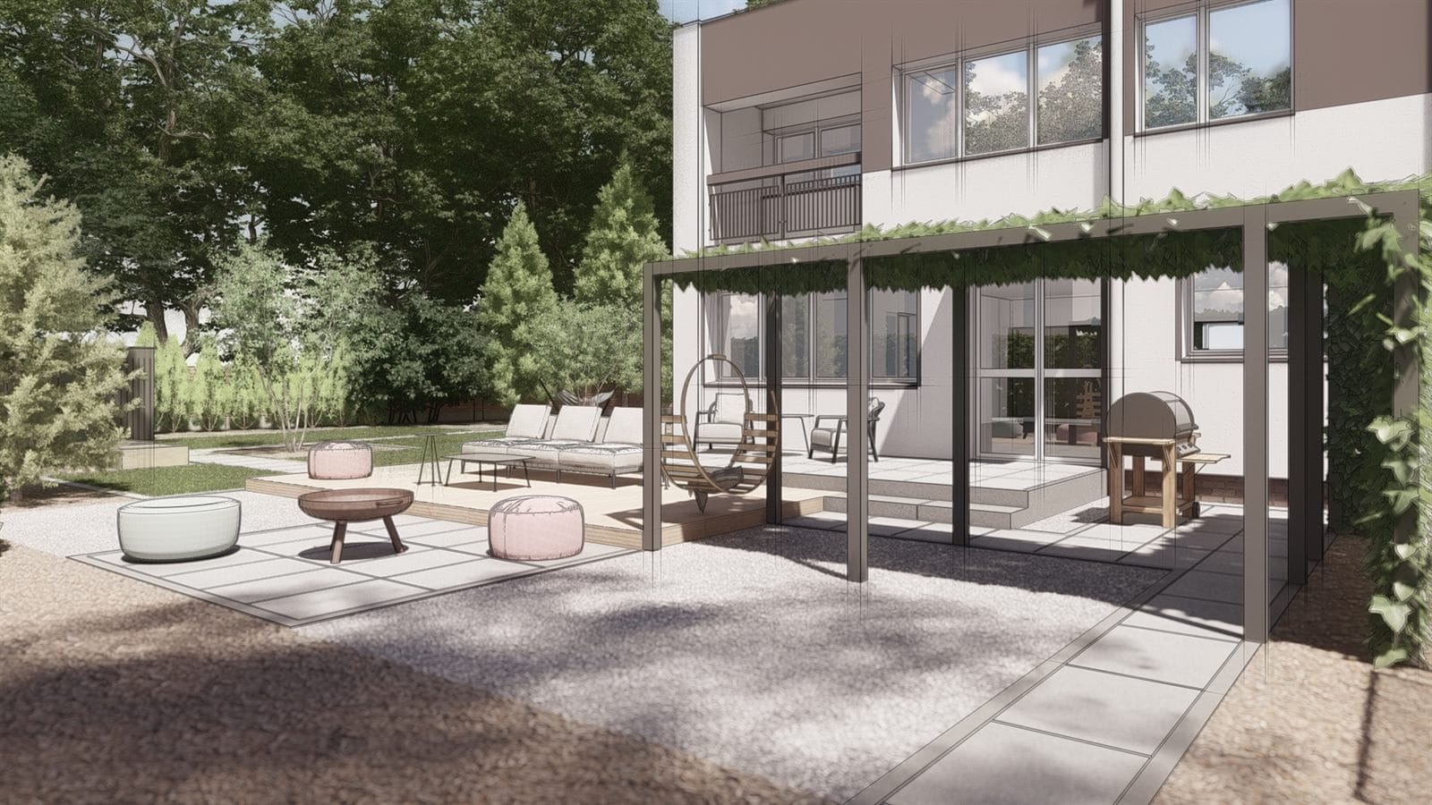 Szkicowa wizualizacja 3D ogrodu z pergola na etapie koncepcji projektowej