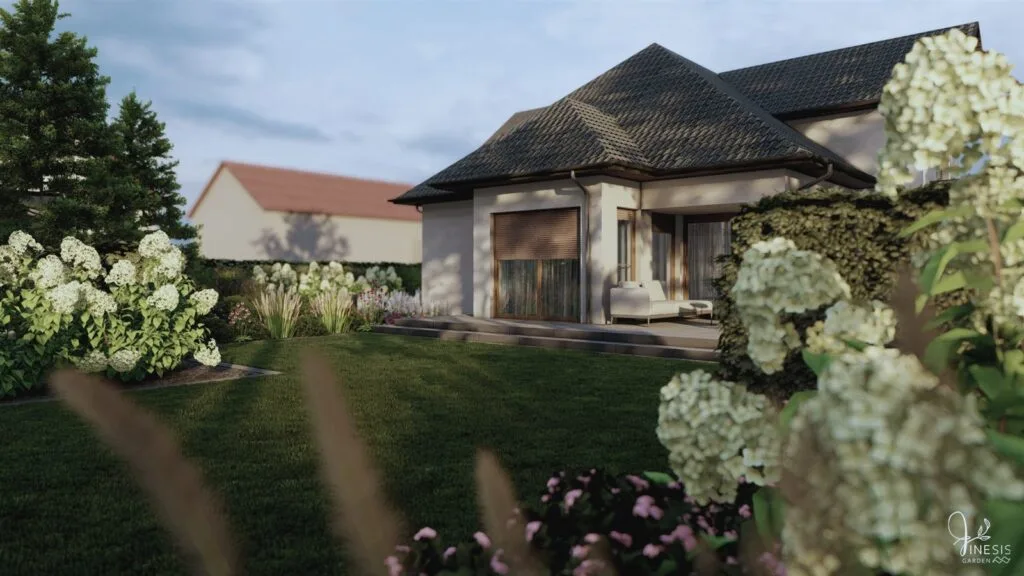 Wizualizacja 3D ogrodu przydomowego z białymi hortensjami i trawami ozdobnymi o zmierzchu
