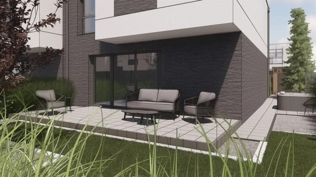 Wizualizacja 3D nowoczesnego ogrodu z tarasem na etapie koncepcji projektowej